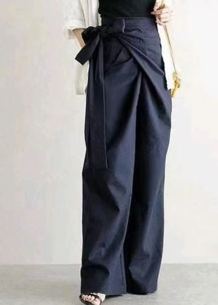Boho White Asymmetrical Side Tie Waist Linen Straight Pants Fall