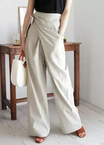 Boho White Asymmetrical Side Tie Waist Linen Straight Pants Fall