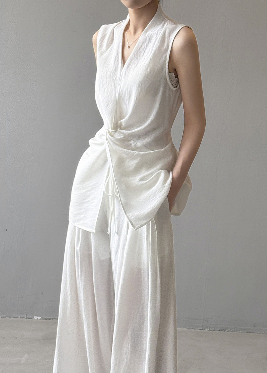 Boho White Asymmetrical Silm Fit Linen Two Pieces Set Sleeveless
