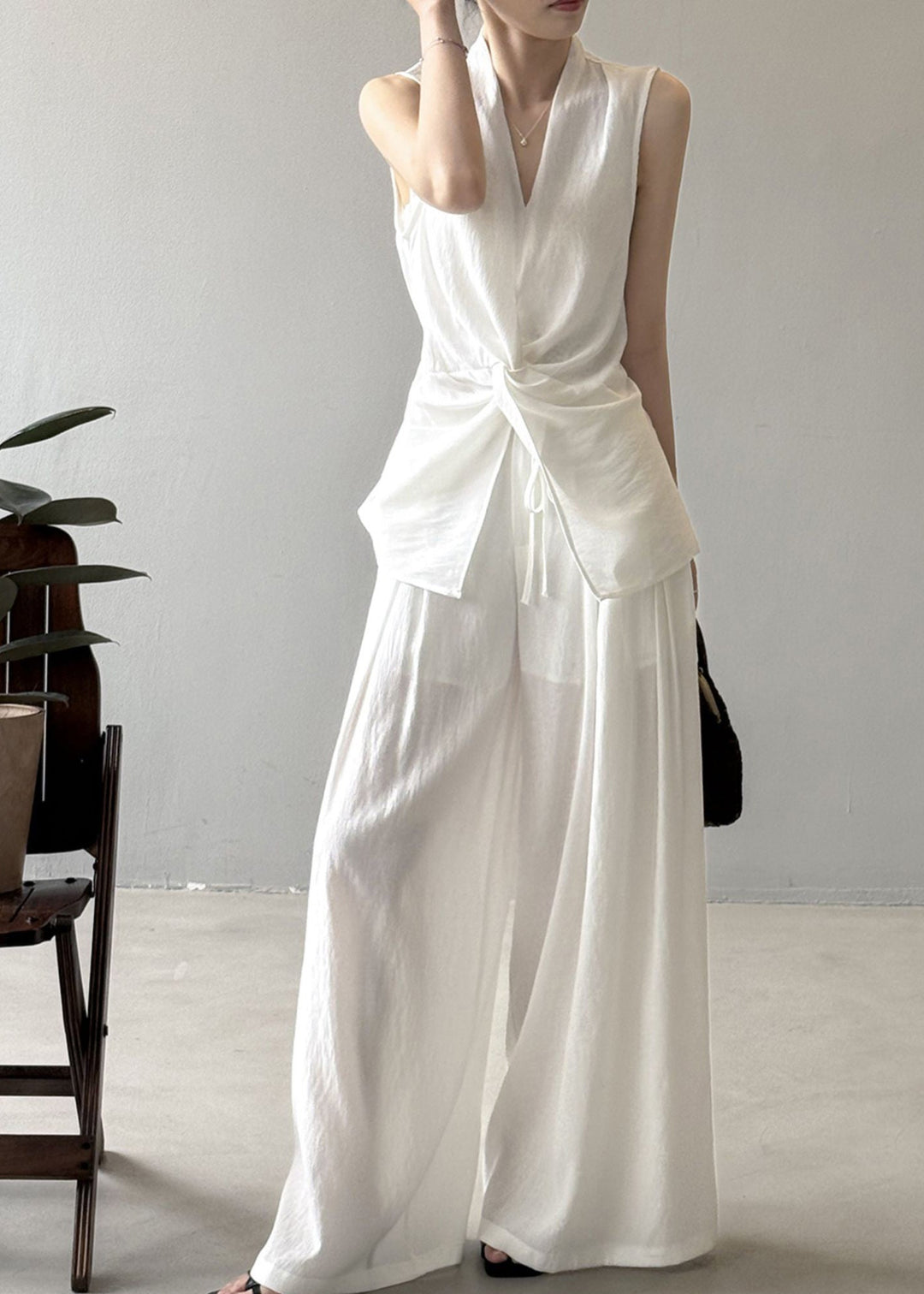 Boho White Asymmetrical Silm Fit Linen Two Pieces Set Sleeveless