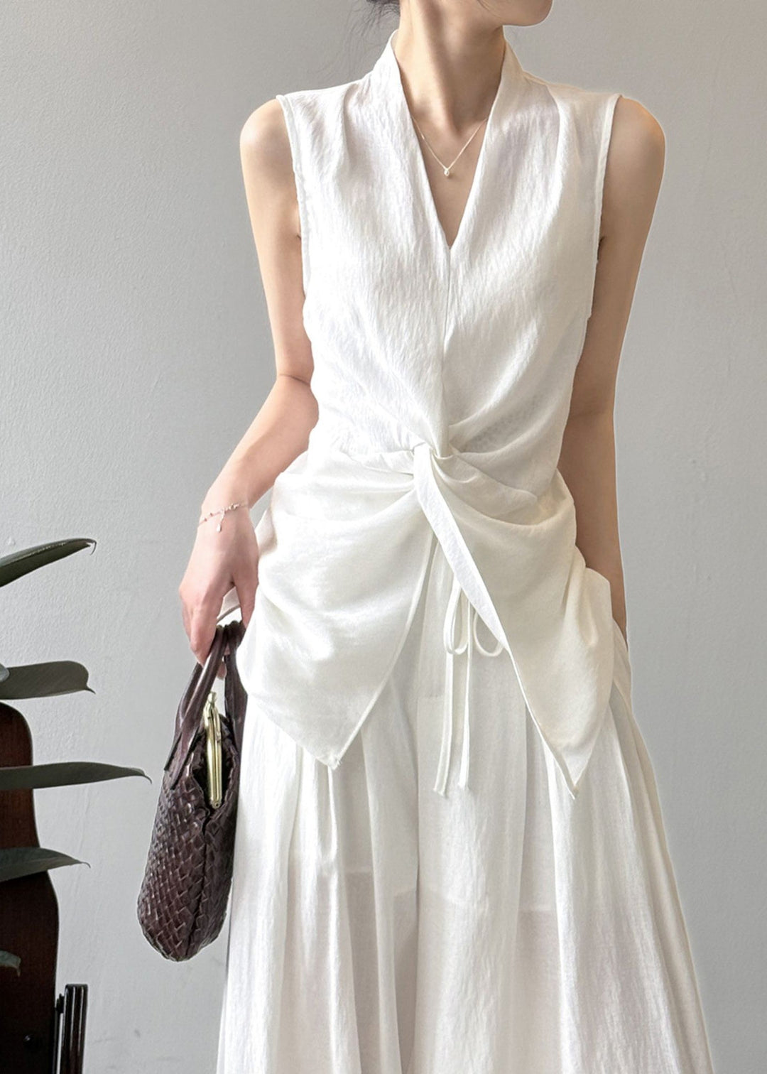 Boho White Asymmetrical Silm Fit Linen Two Pieces Set Sleeveless
