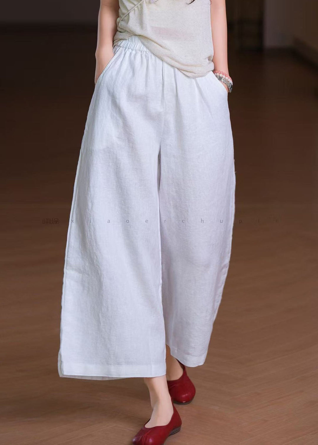 Boho White Elastic Waist Pockets Linen Wide Leg Pants Summer