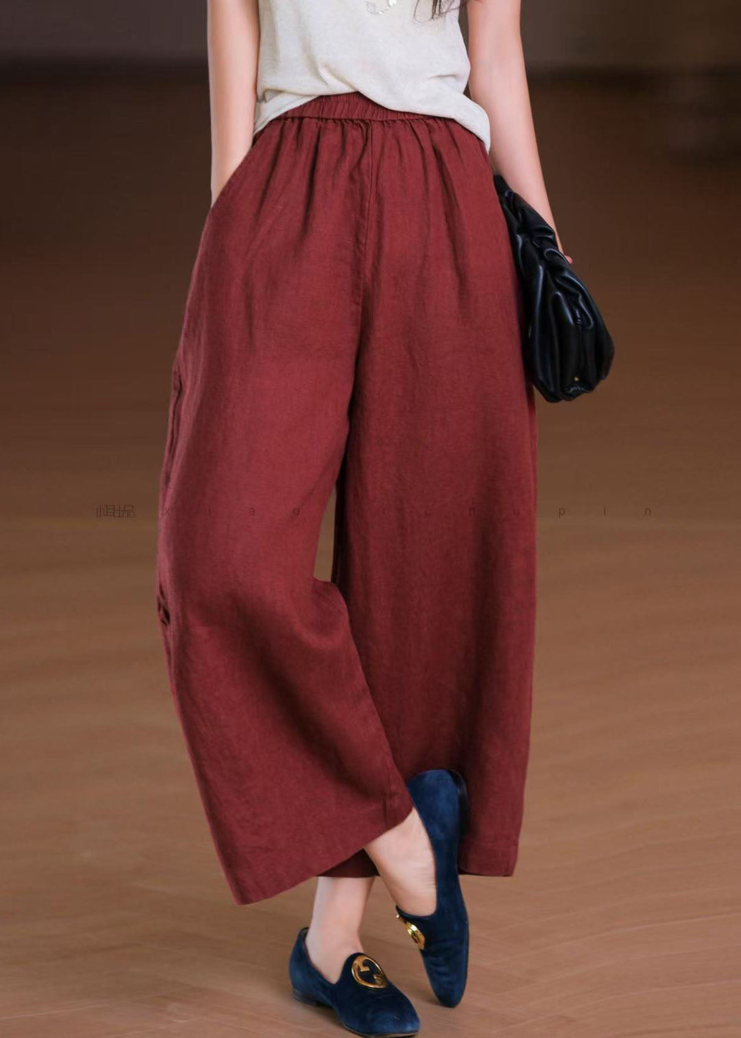 Boho White Elastic Waist Pockets Linen Wide Leg Pants Summer