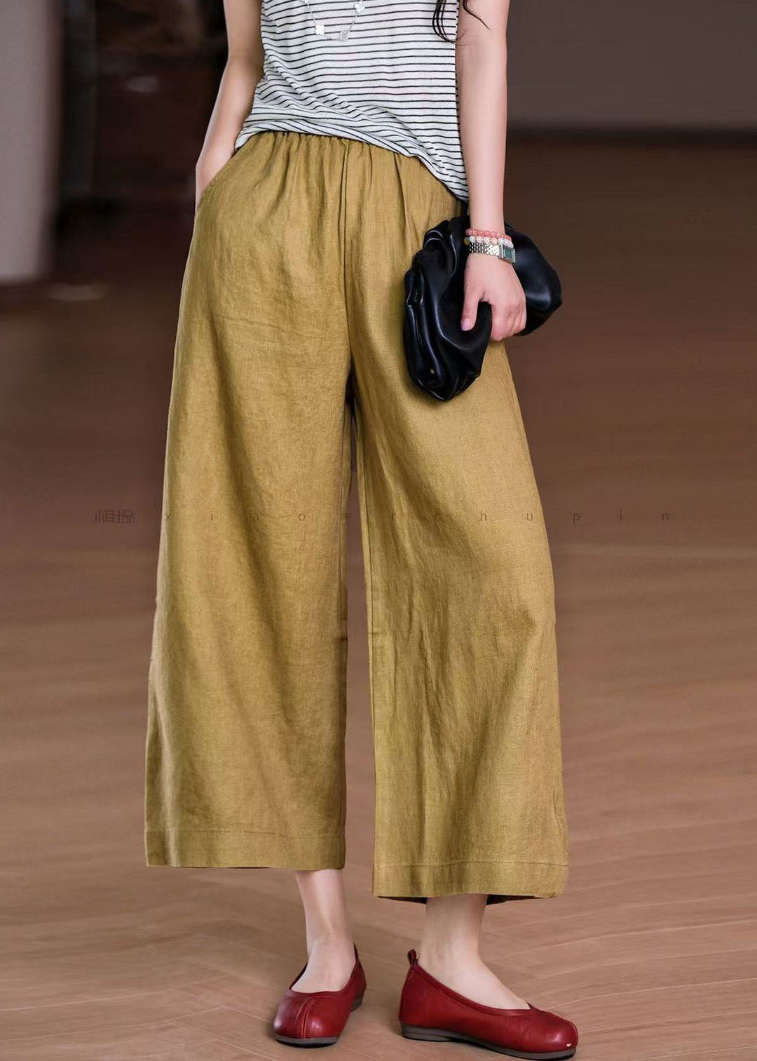 Boho White Elastic Waist Pockets Linen Wide Leg Pants Summer