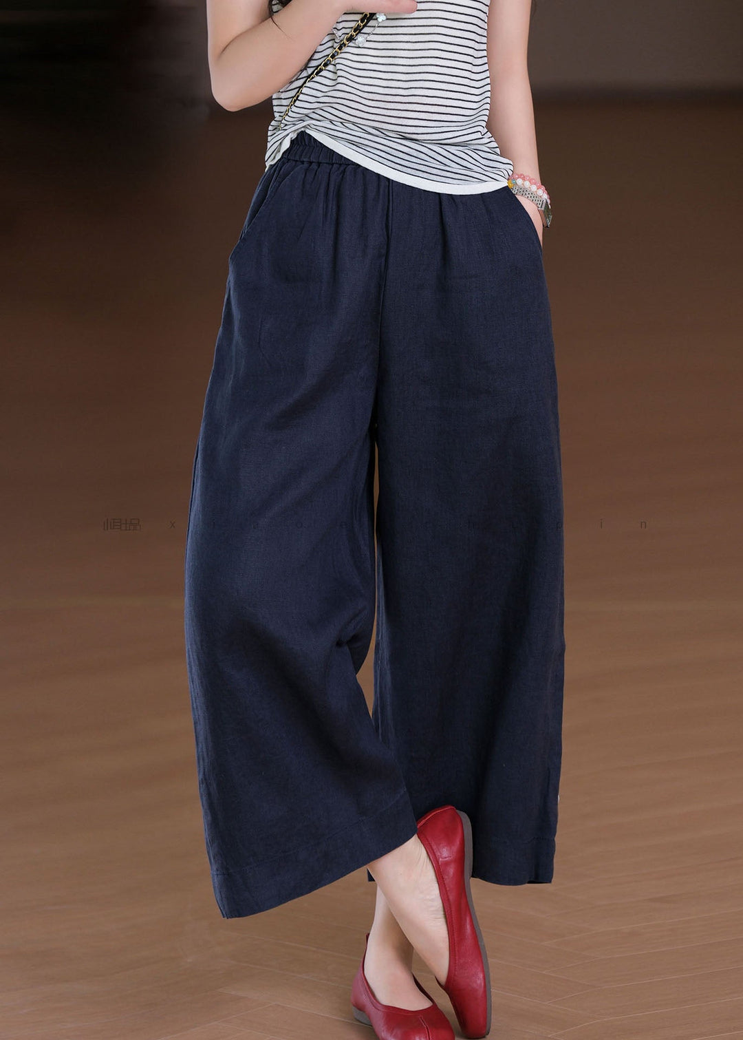 Boho White Elastic Waist Pockets Linen Wide Leg Pants Summer