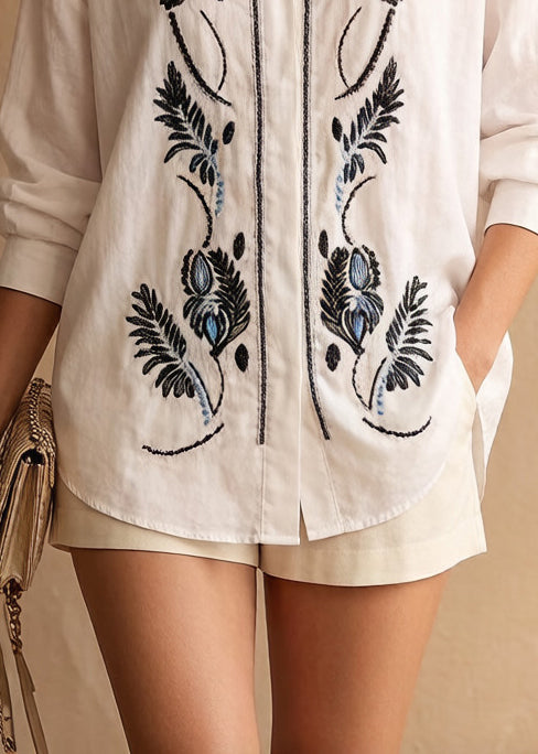 Boho White Embroidered Cotton Shirt Top Spring