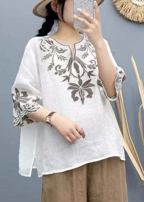 Boho White Embroidered Cotton Shirt Tops Bracelet Sleeve