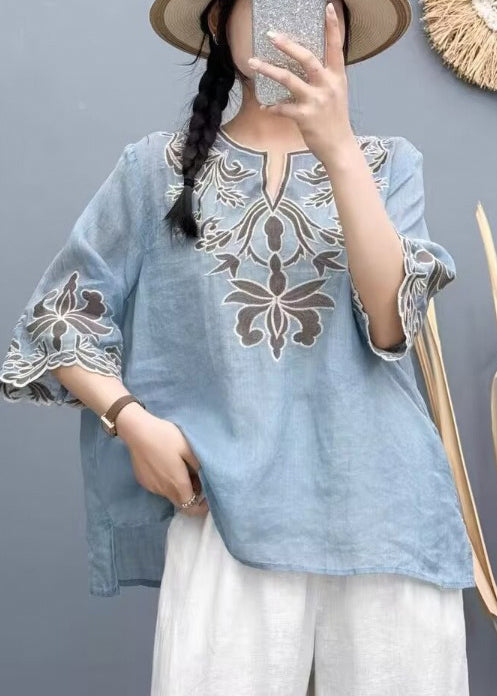 Boho White Embroidered Cotton Shirt Tops Bracelet Sleeve