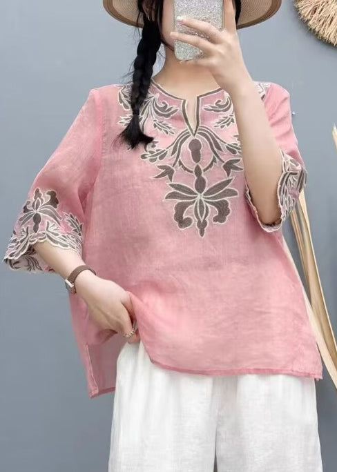 Boho White Embroidered Cotton Shirt Tops Bracelet Sleeve