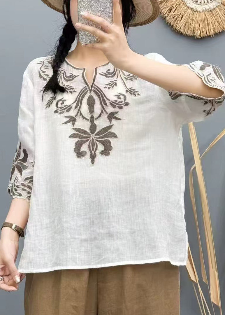 Boho White Embroidered Cotton Shirt Tops Bracelet Sleeve