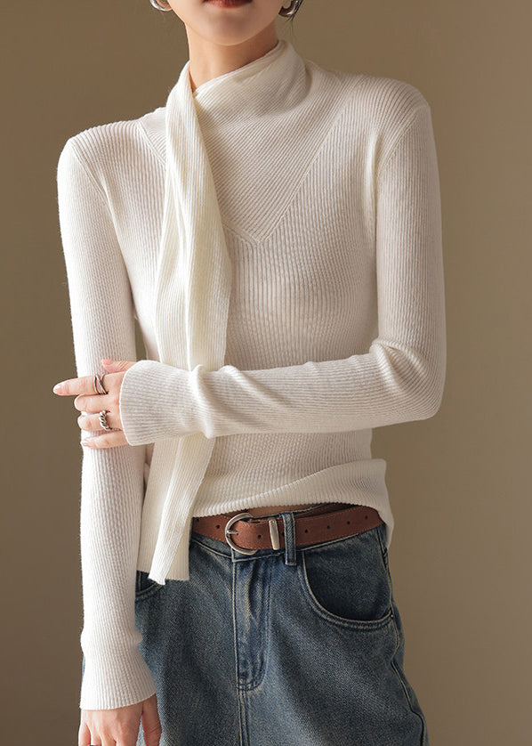 Boho White High Neck With Scarf Knit Shirts Fall