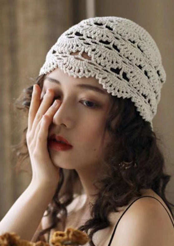 Boho White Knit Solid Color Hollow Out Bonnie Hat