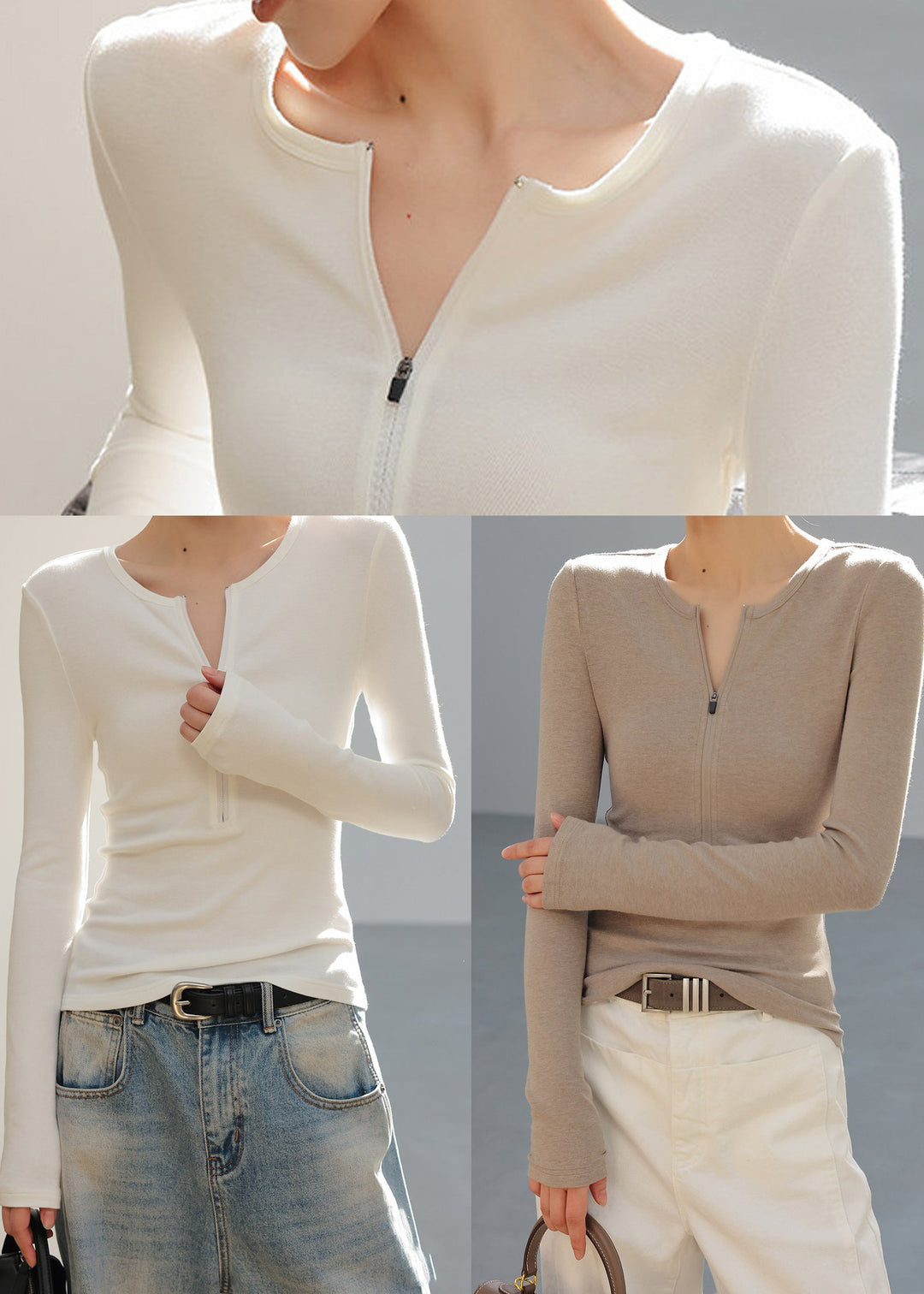 Boho White O-Neck Zip Up Cotton Top Spring