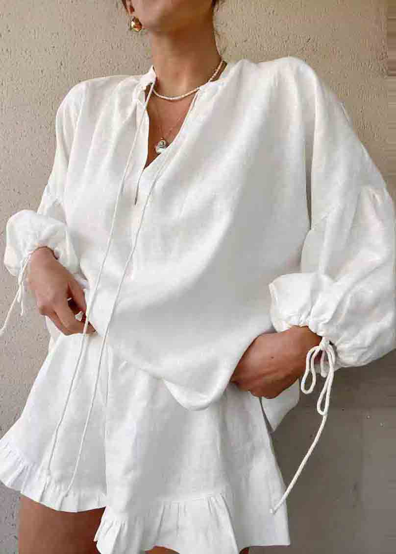 Boho White Oversized Ruffled Cotton Women Sets 2 Pieces Summer