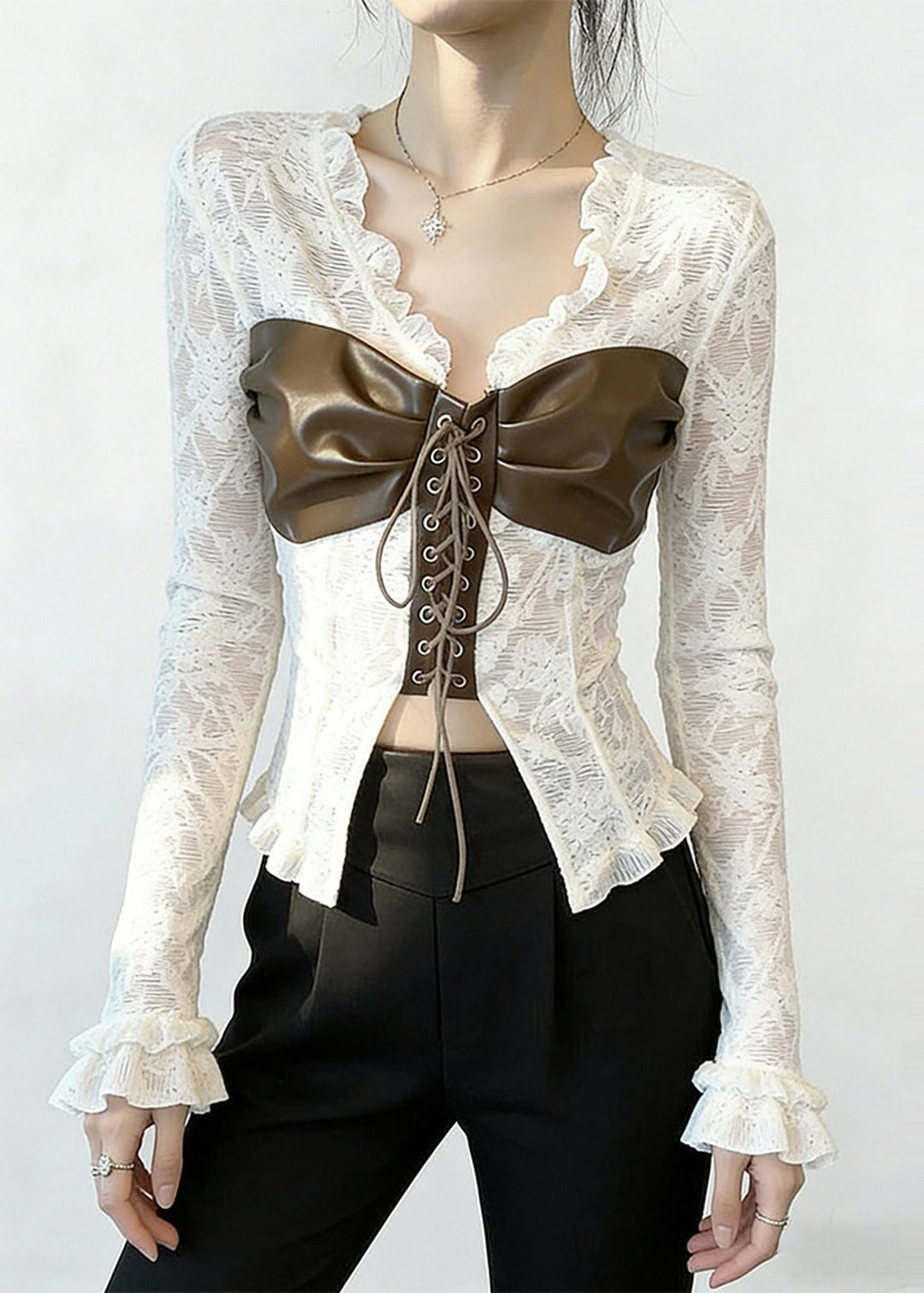 Boho White Patchwork Cross Strap Lace Top Spring