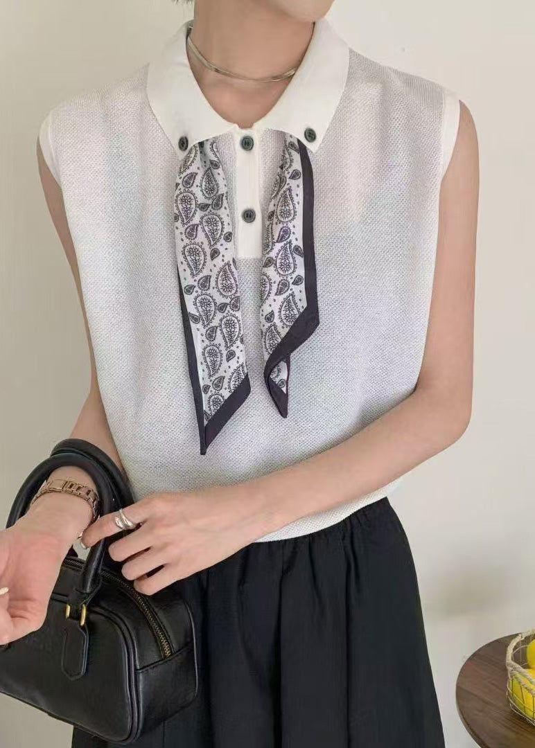 Boho White Peter Pan Collar Scarves Knit Shirt Top Summer