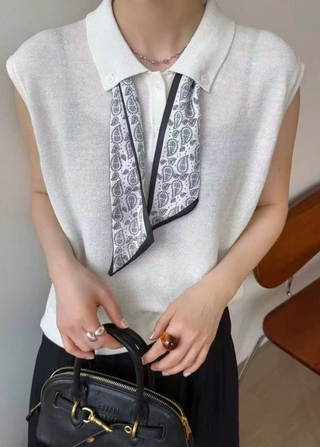 Boho White Peter Pan Collar Scarves Knit Shirt Top Summer
