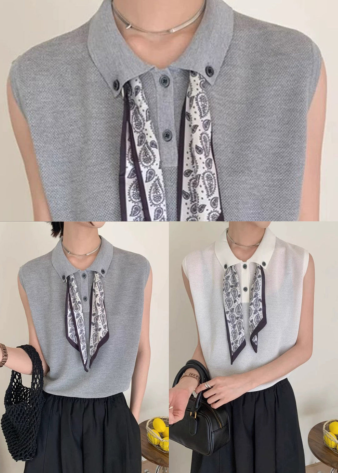 Boho White Peter Pan Collar Scarves Knit Shirt Top Summer