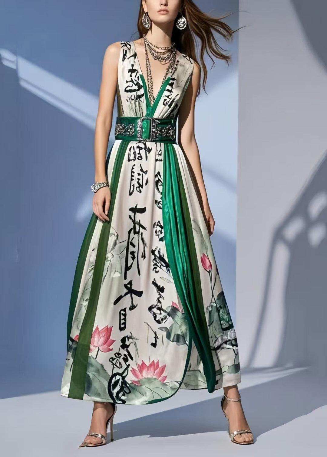 Boho White Print Draping Silk Tunic Dresses Sleeveless