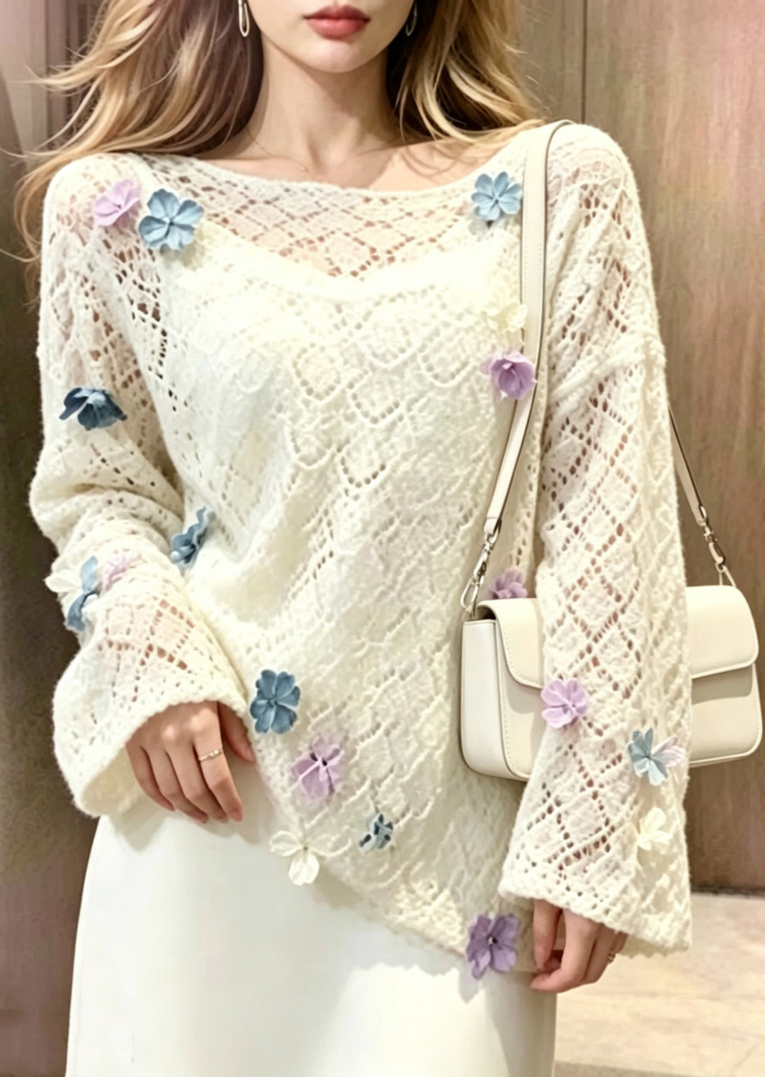 Boho White Sculptural Floral Hollow Out Knit Sweaters Fall