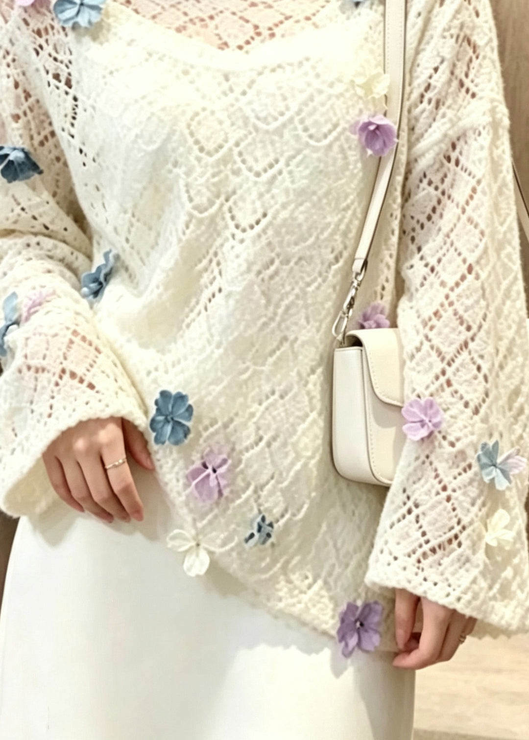 Boho White Sculptural Floral Hollow Out Knit Sweaters Fall