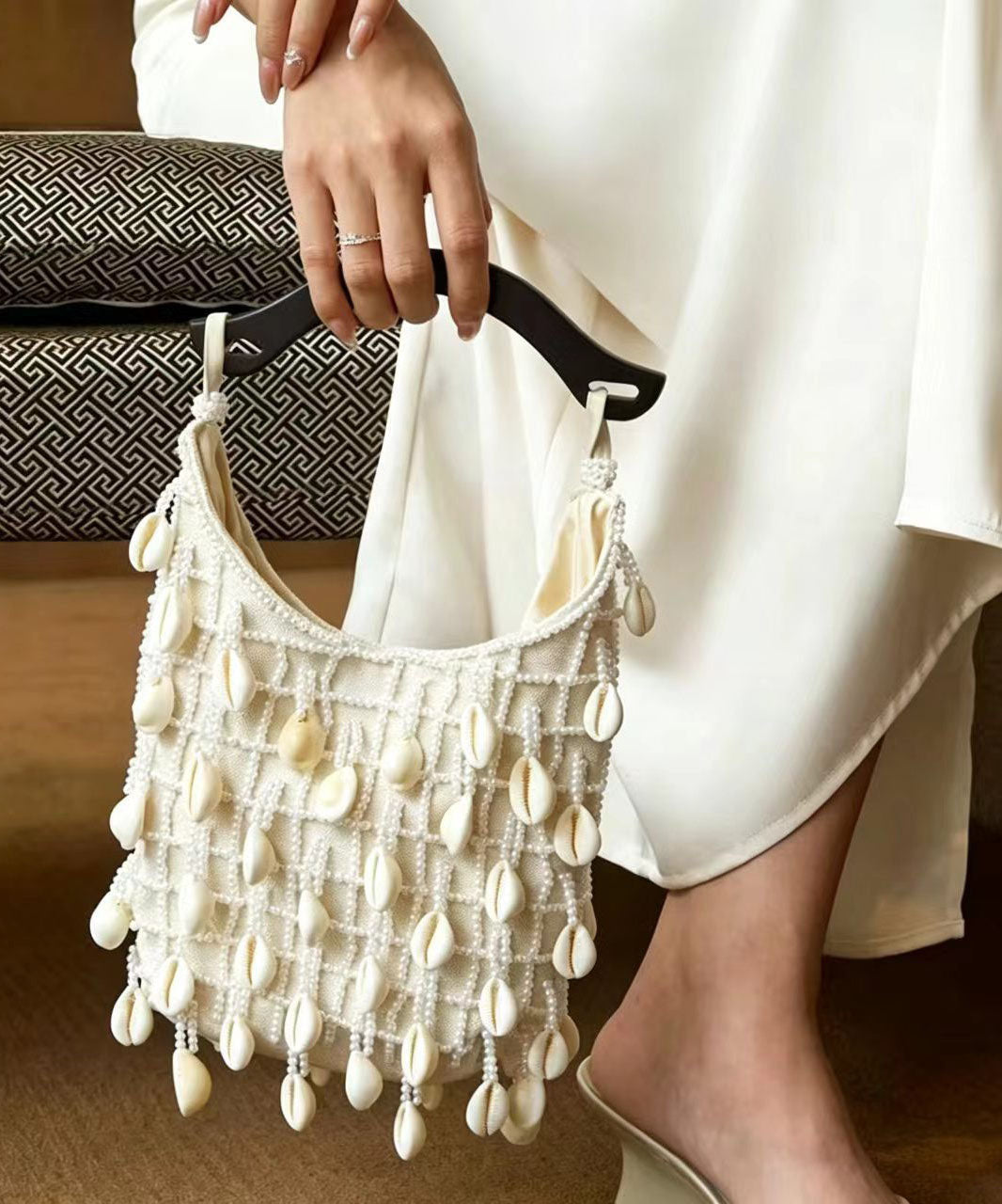 Boho White Shell Pearl Tassel Weave Tote