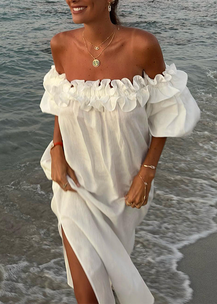 Boho White Slash Neck Ruffled Side Open Cotton Vacation Dresses Puff Sleeve