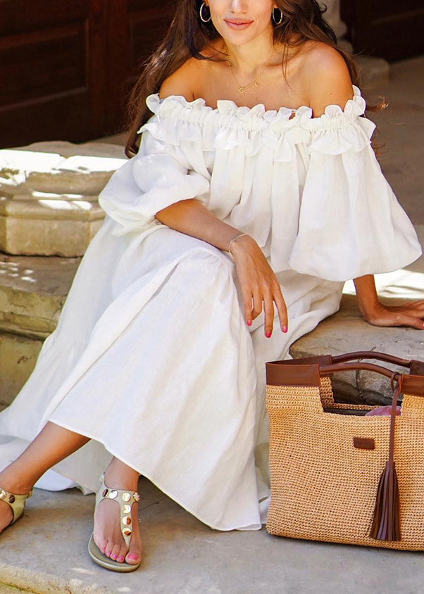 Boho White Slash Neck Ruffled Side Open Cotton Vacation Dresses Puff Sleeve