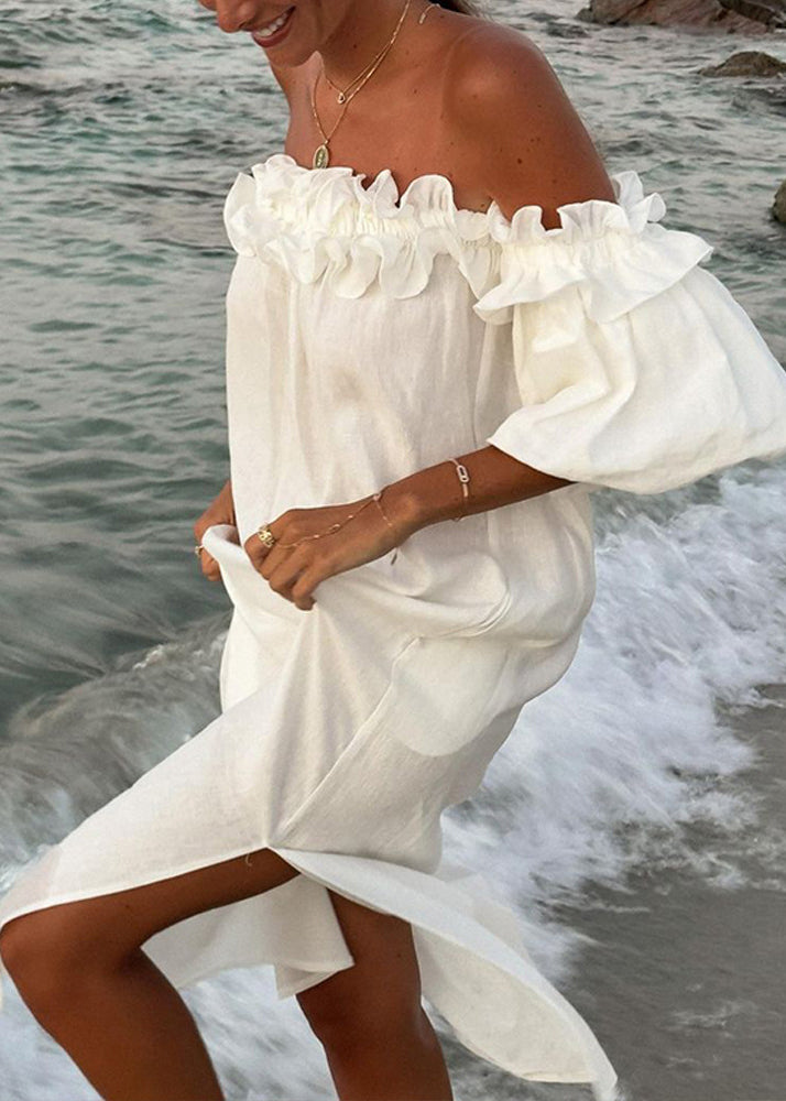 Boho White Slash Neck Ruffled Side Open Cotton Vacation Dresses Puff Sleeve