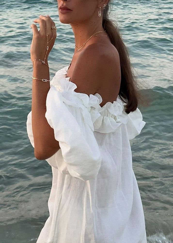 Boho White Slash Neck Ruffled Side Open Cotton Vacation Dresses Puff Sleeve