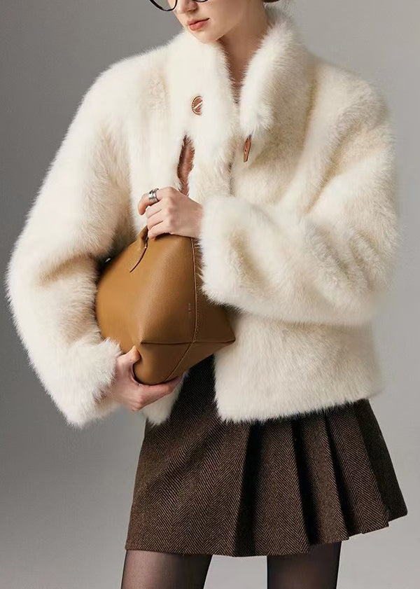 Boho White Stand Collar Patchwork Warm Faux Fox Fur Jacket Winter