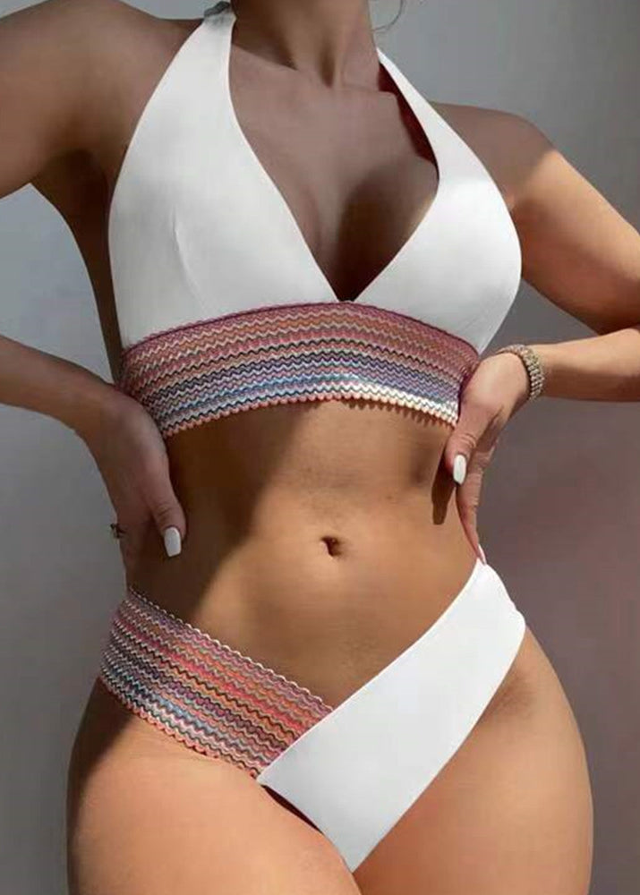 Boho White Striped Patchwork Tie Lace Lingerie Sets
