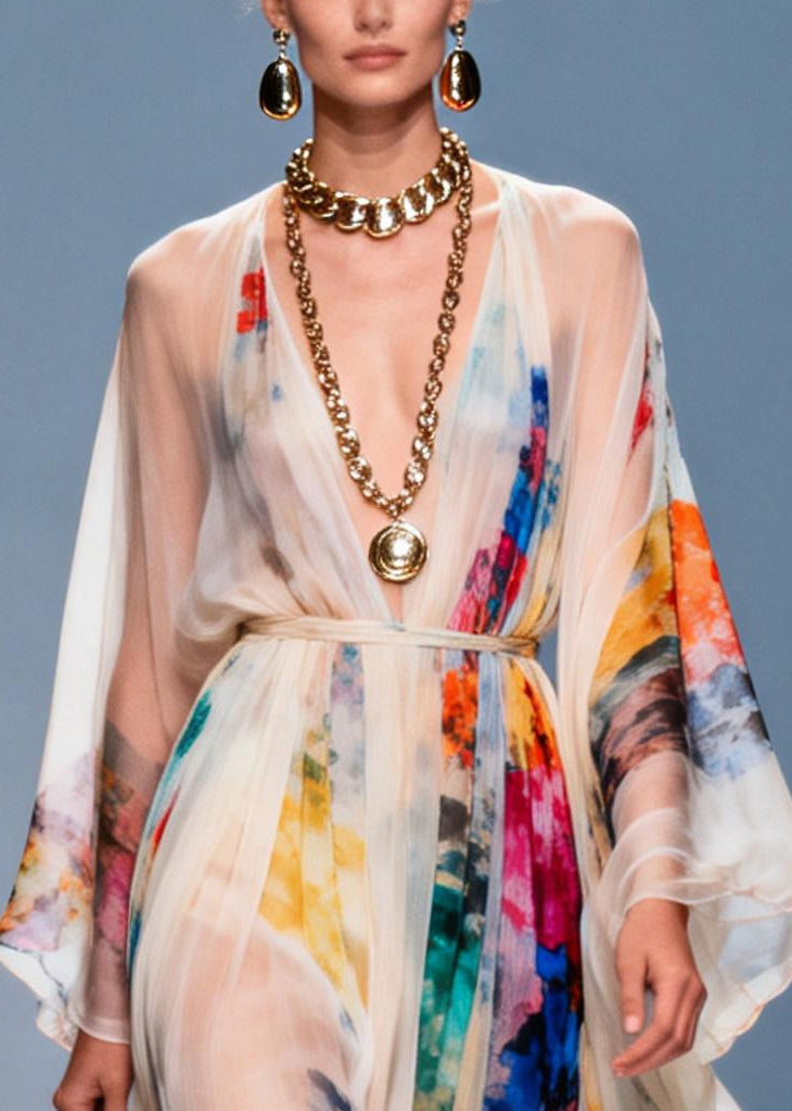 Boho White Tie Waist Tie Dye Chiffon Maxi Dresses Summer