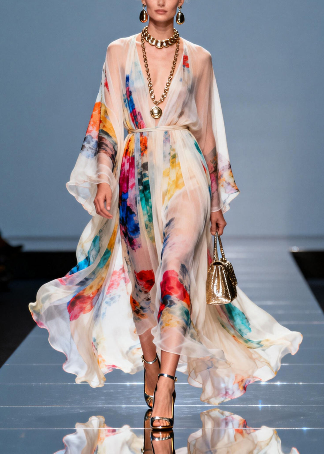 Boho White Tie Waist Tie Dye Chiffon Maxi Dresses Summer