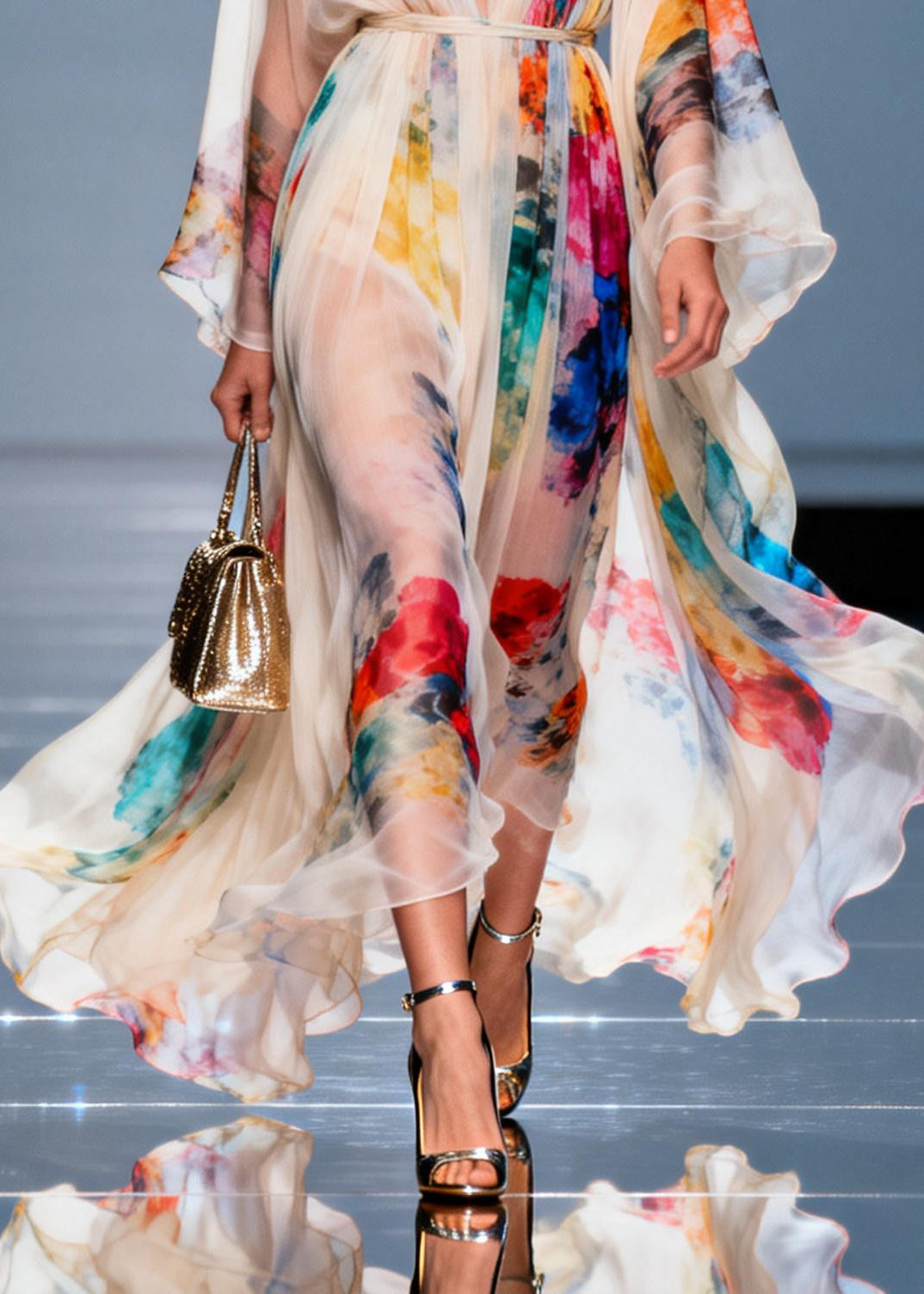 Boho White Tie Waist Tie Dye Chiffon Maxi Dresses Summer