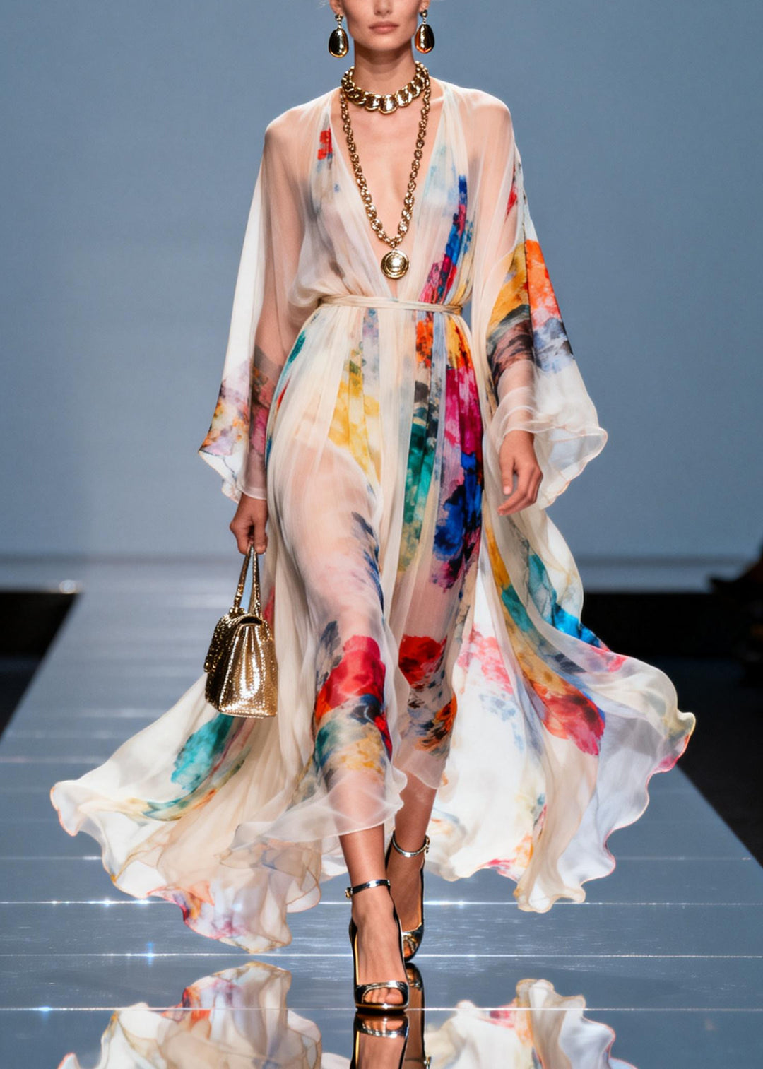 Boho White Tie Waist Tie Dye Chiffon Maxi Dresses Summer