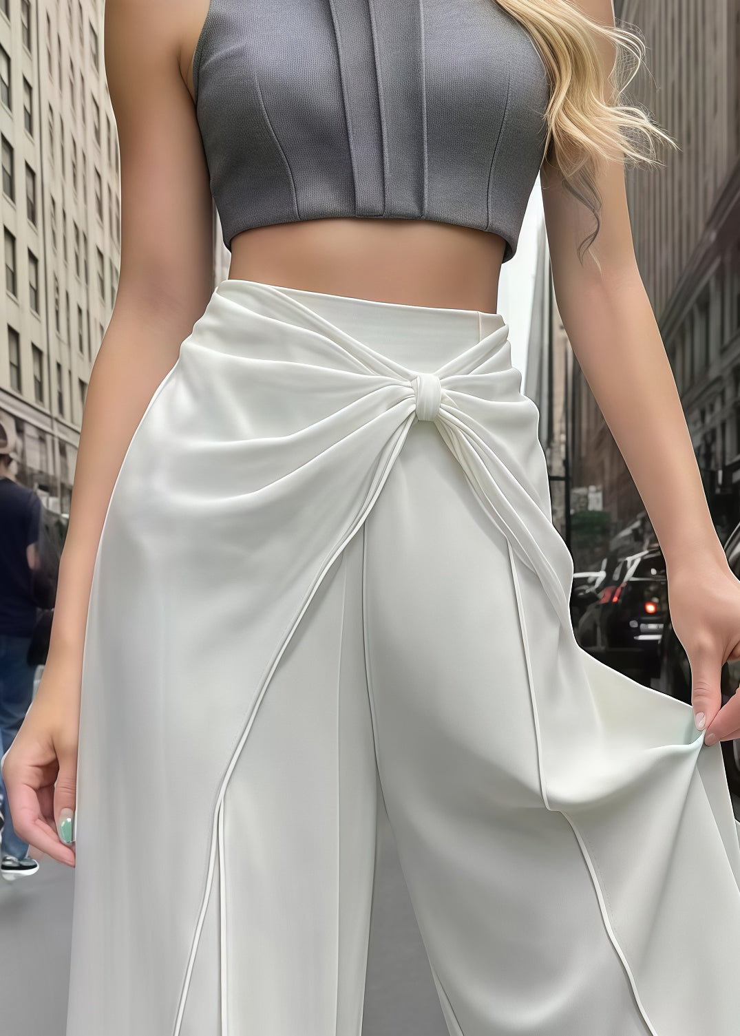 Boho White Wrinkled Draping Chiffon Wide Leg Pants Summer