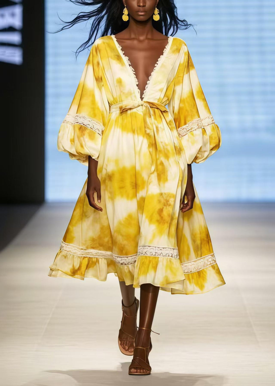 Boho Yellow Deep-V Neck Tie Dye Chiffon Dress Lantern Sleeve