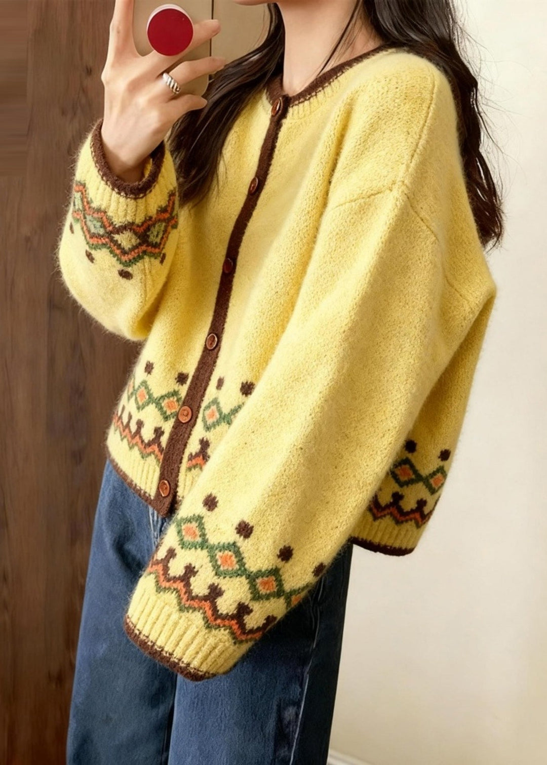 Boho Yellow Embroidered Chunky Knit Cardigans Winter