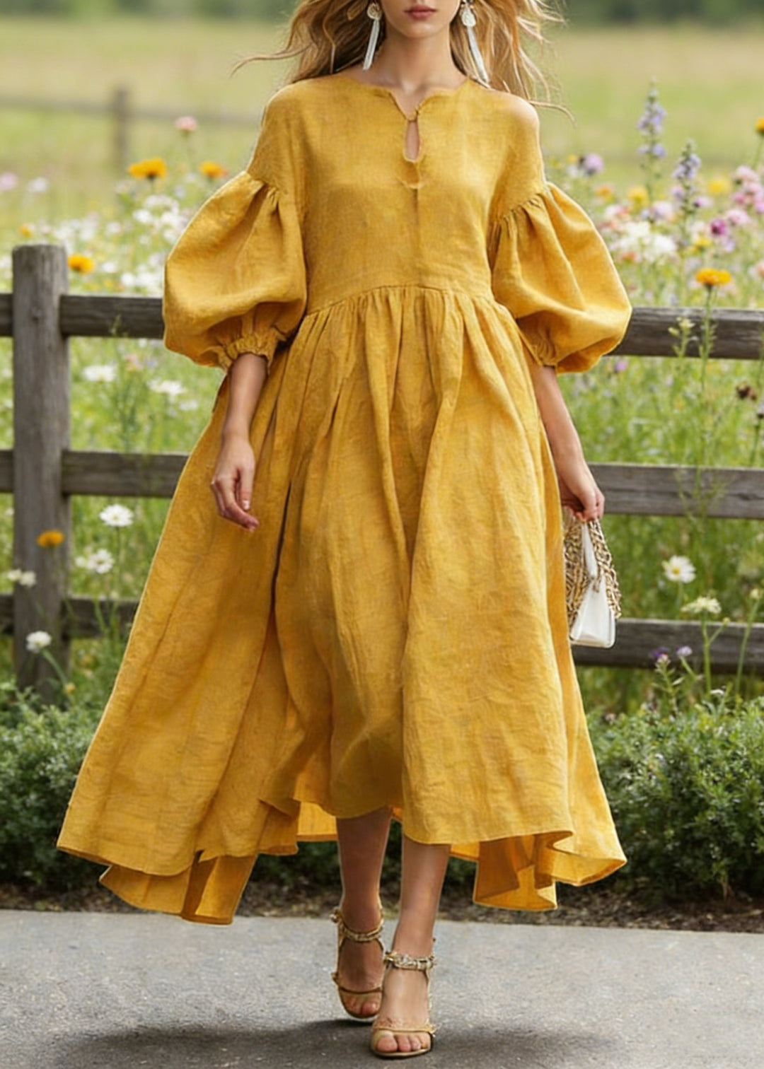 Boho Yellow Exra Large Hem Cotton Maxi Dresses Lantern Sleeve