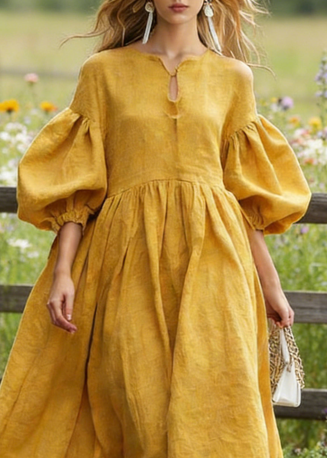 Boho Yellow Exra Large Hem Cotton Maxi Dresses Lantern Sleeve