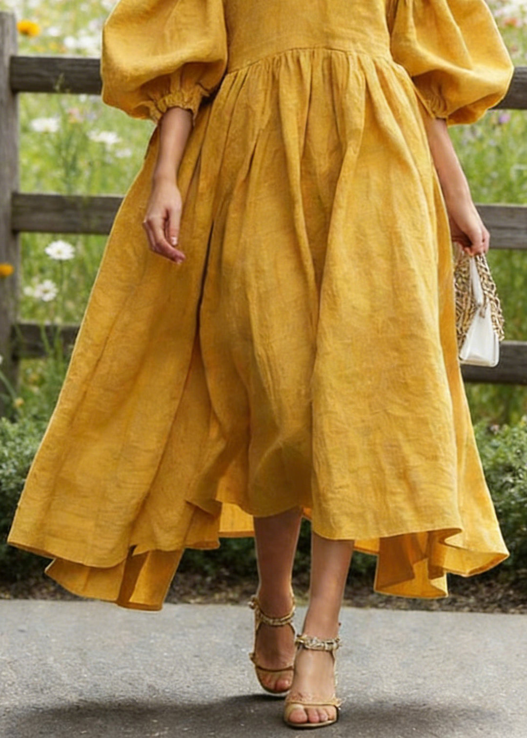 Boho Yellow Exra Large Hem Cotton Maxi Dresses Lantern Sleeve
