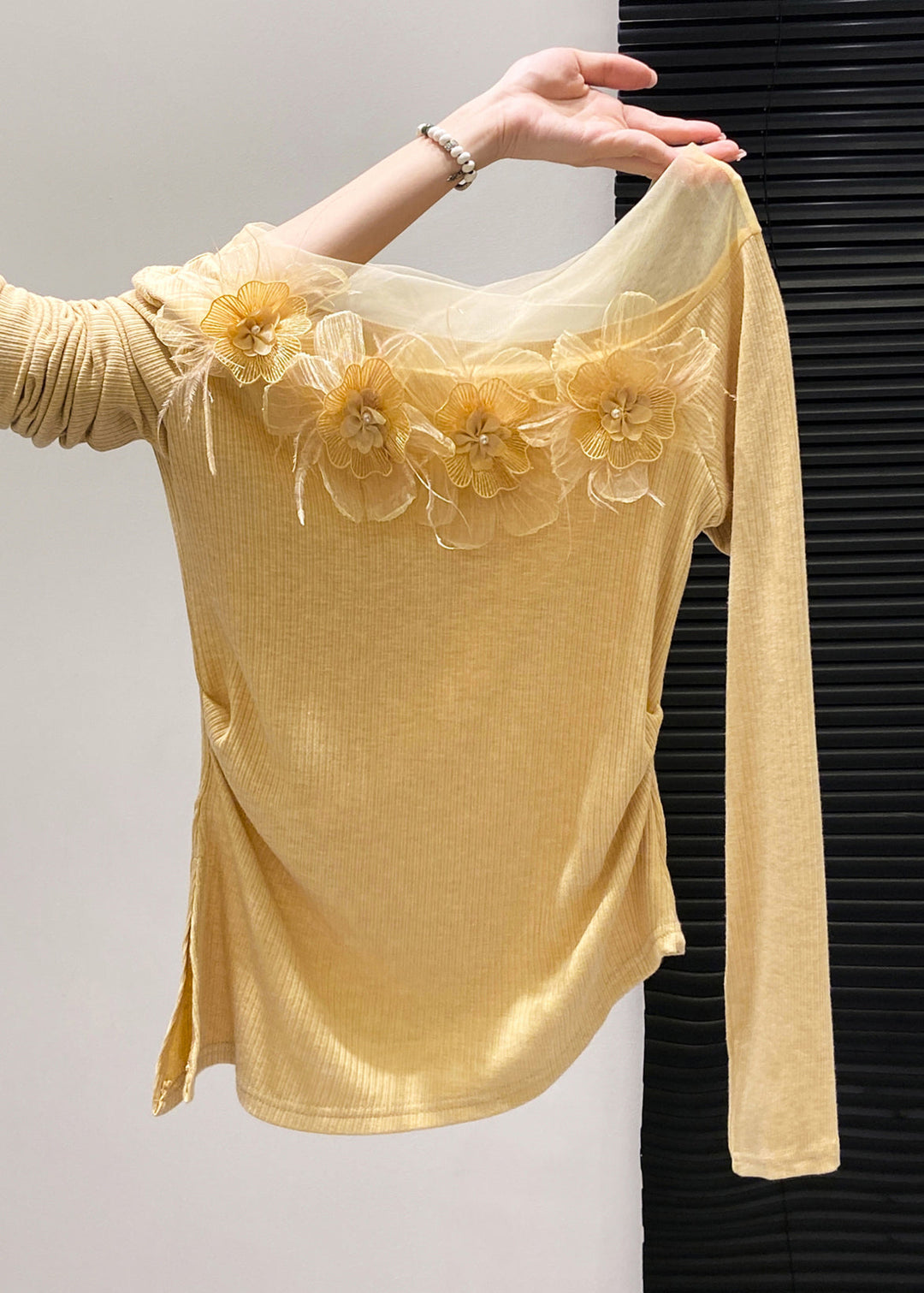 Boho Yellow Floral Decorated Side Open Cotton Tops Fall