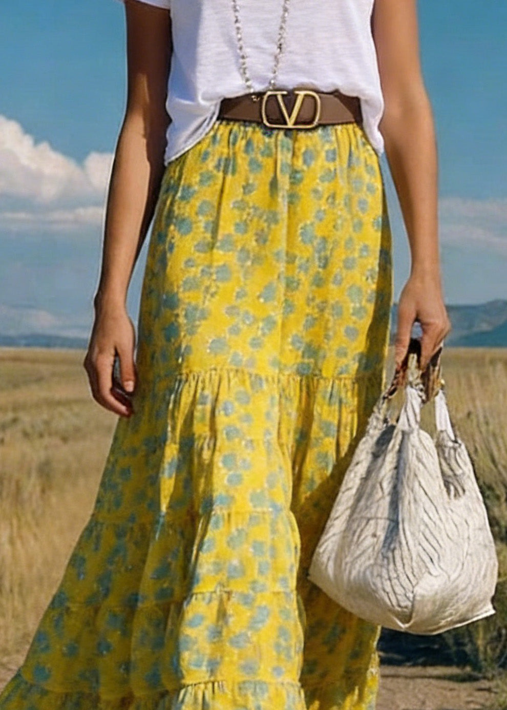 Boho Yellow Print Wrinkled Chiffon Skirts Summer - Omychic