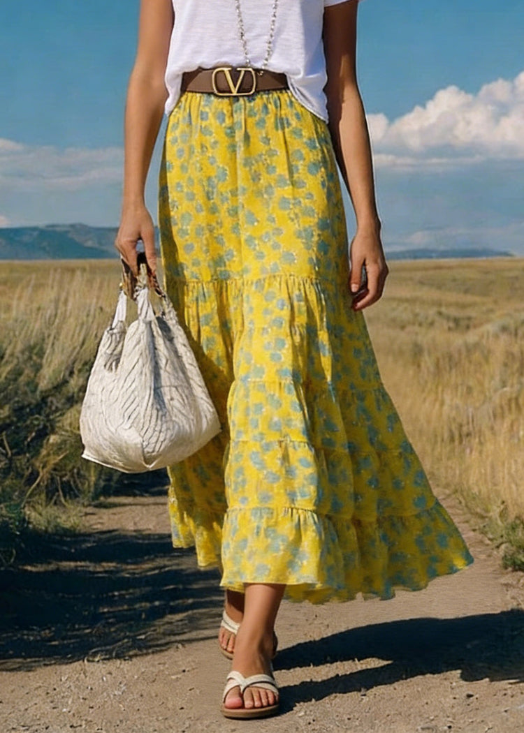 Boho Yellow Print Wrinkled Chiffon Skirts Summer - Omychic