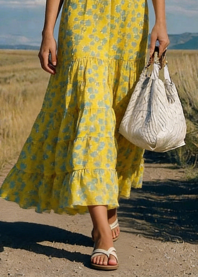 Boho Yellow Print Wrinkled Chiffon Skirts Summer - Omychic