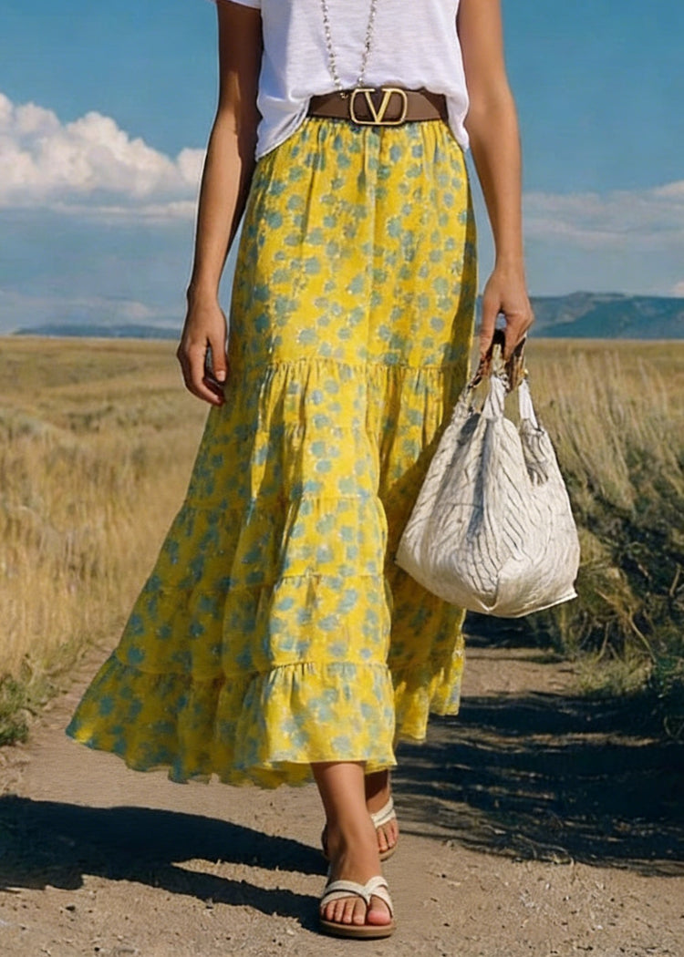 Boho Yellow Print Wrinkled Chiffon Skirts Summer - Omychic