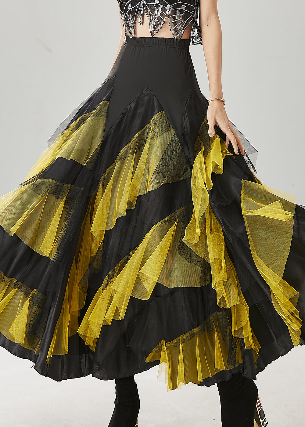 Boho Yellow Ruffled Patchwork Tulle Skirts Spring