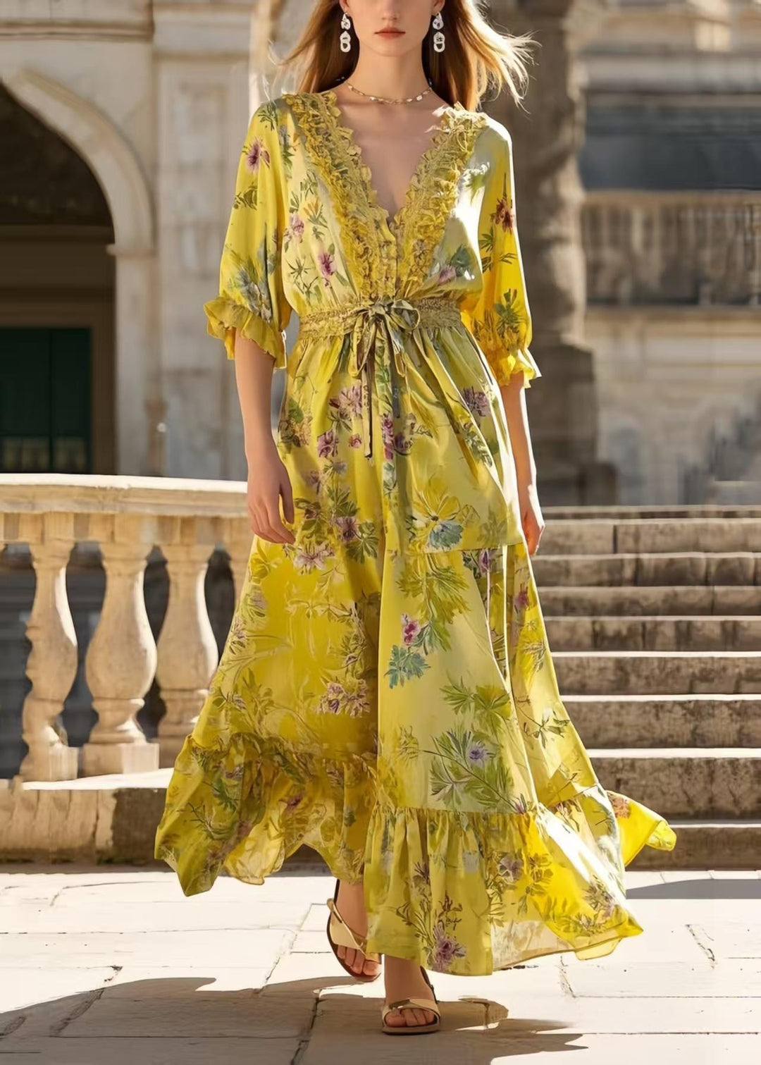 Boho Yellow Ruffled Print Silk Tunic Dress Summer