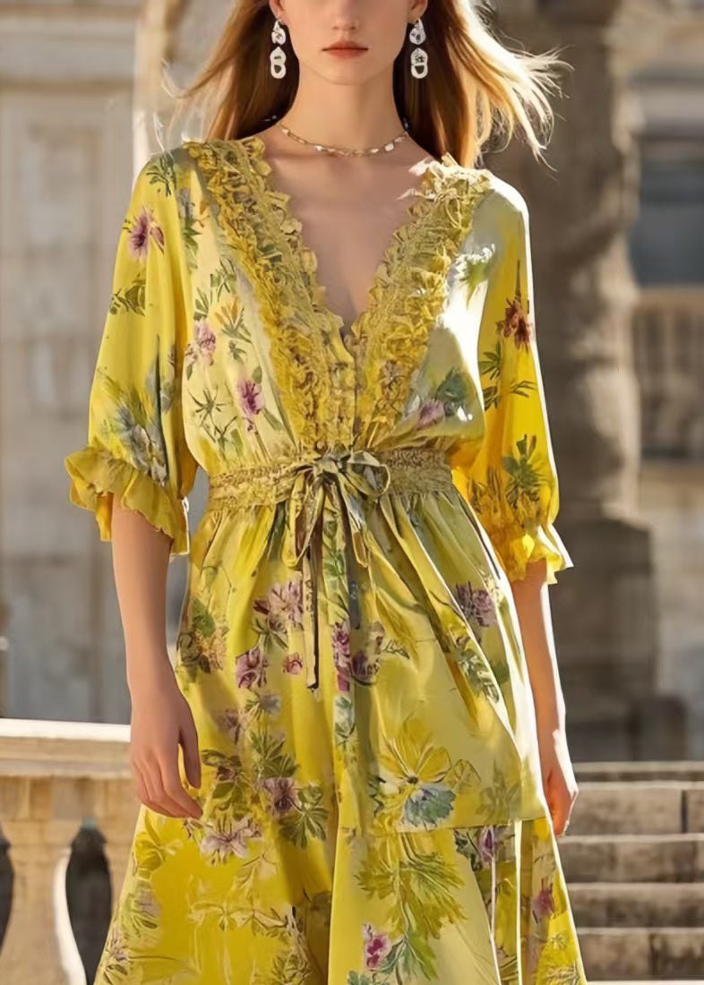 Boho Yellow Ruffled Print Silk Tunic Dress Summer